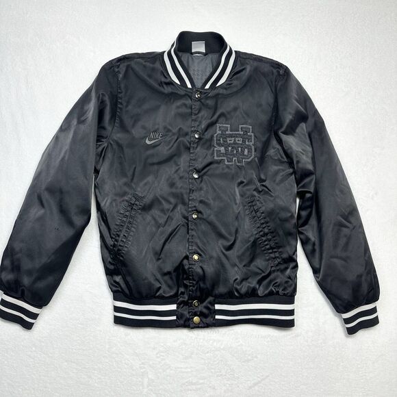 Nike Other - Nike Satin Jacket Mens Small Black Letterman Varsity Snap Front Beaverton